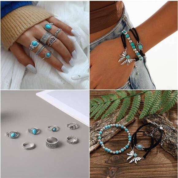 16 Pcs Western Jewelry for Women Bohemian Set, Faux Turquoise and Silver Set - Picture 2 of 8